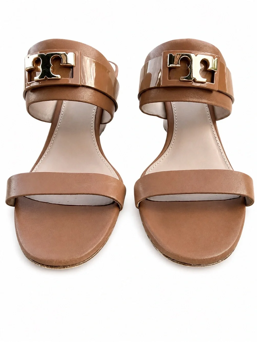 Tory Burch Double T Leather Wedge Slide Sandals – Tan/Camel – Women’s Size 6.5M